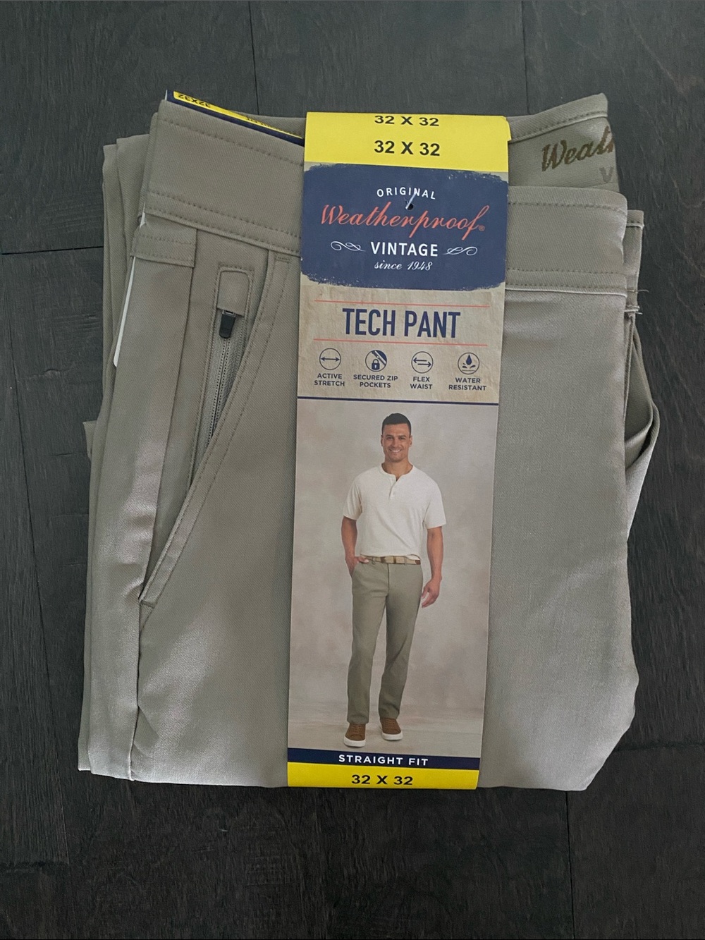 NWT Men's Weatherproof Vintage Straight Fit Tech Pants, Tan, 32x32